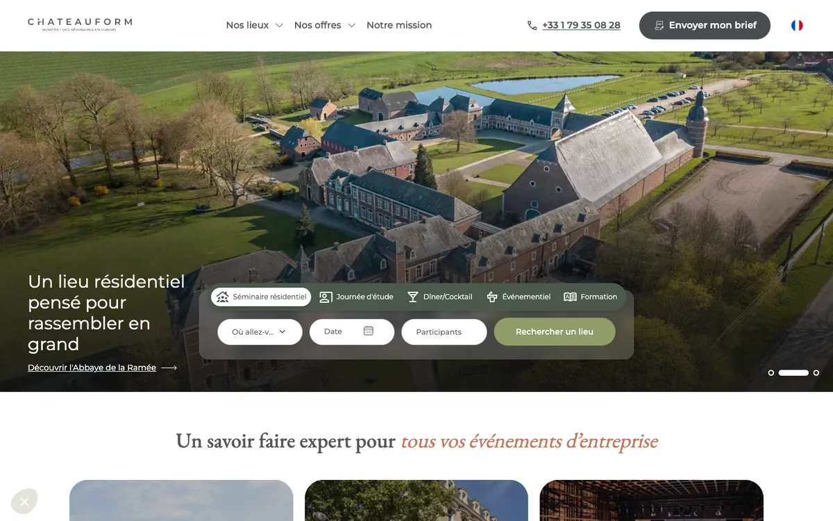 Page d’accueil de Châteauform’, réseau européen de lieux de séminaires d’entreprise.