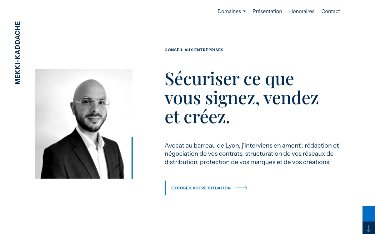 Page d’accueil du site de Maxime Mekki-Kaddache, avocat conseil aux entreprises à Lyon.