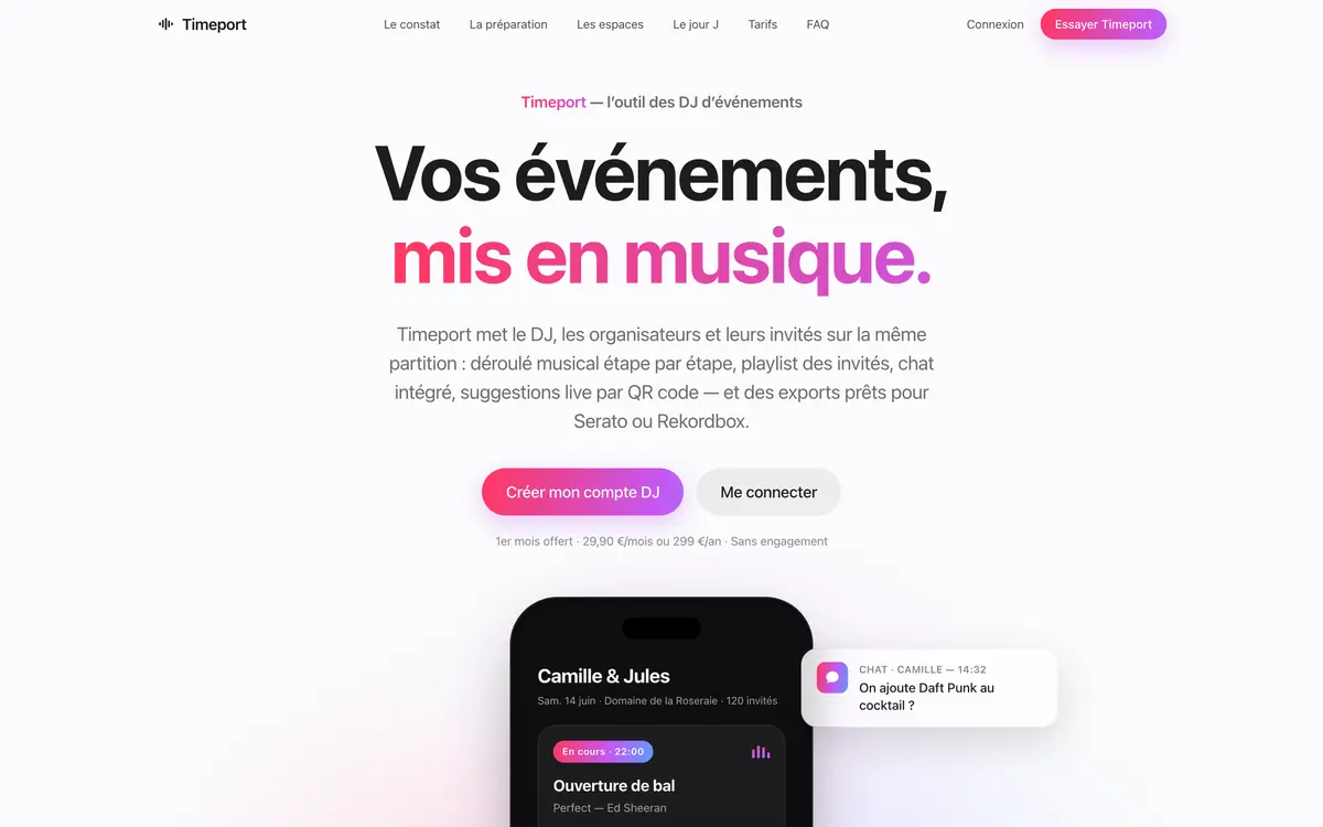 Page d’accueil de Timeport, application de préparation de soirées pour les DJ d’événements.